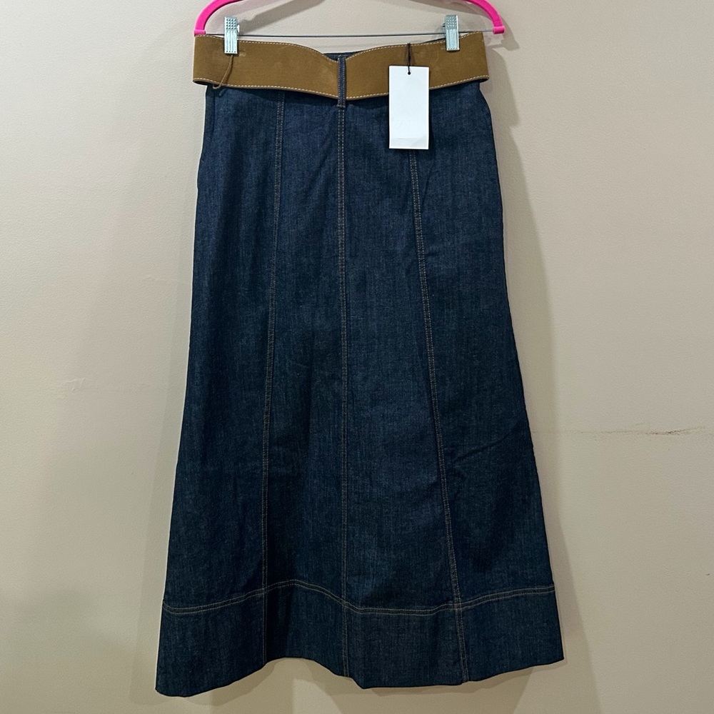 ZARA Women’s S Indigo Denim A-Line Wrap Skirt Brown Faux Leather Belt Boho 90s - Picture 5 of 10